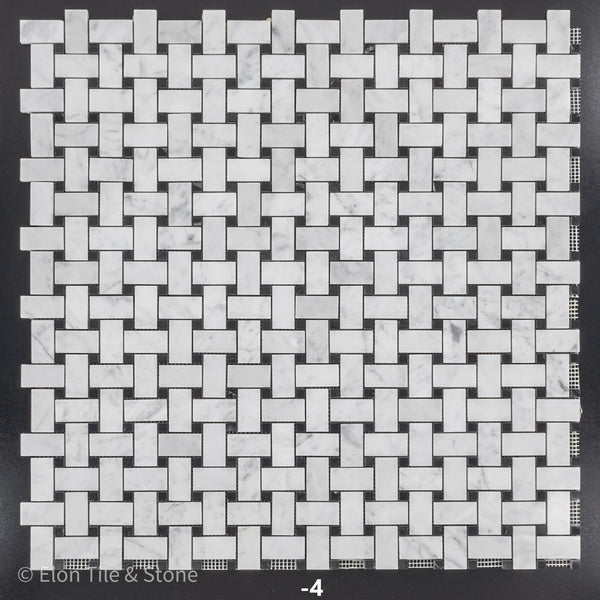 Bianco Carrara Basketweave with 3/8" Black Dot Mosaic Polished - Elon Tile & Stone