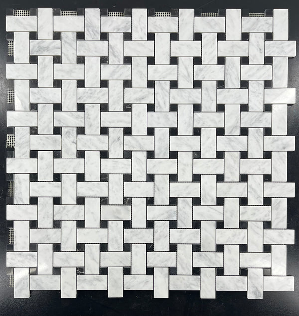 Bianco Carrara Basketweave with 5/8" Black Dot Mosaic Polished - Elon Tile & Stone