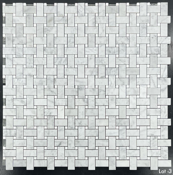 Bianco Carrara Basketweave with 3/8" White Thassos Dot Mosaic Honed
