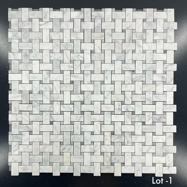 Bianco Carrara Basketweave with 3/8" Pacific Gray Dot Mosaic Honed