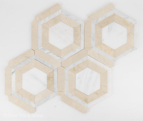 **LIMITED STOCK** Pearl White Honeycomb with Crema Marfil Mosaic Honed