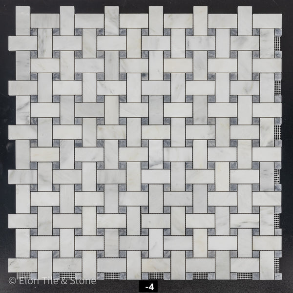 Pearl White Basketweave with 5/8" Pacific Gray Dot Mosaic Honed