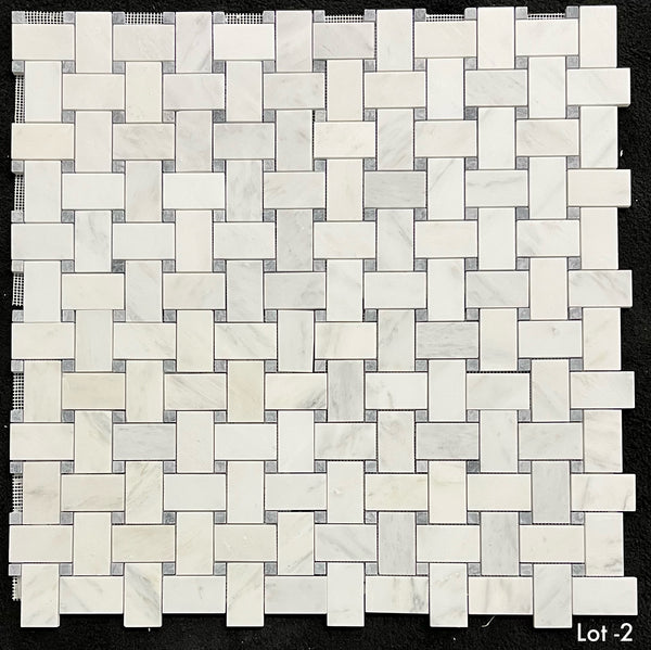 Pearl White Extra Large Basketweave with 5/8" Pacific Gray Dot Mosaic Honed