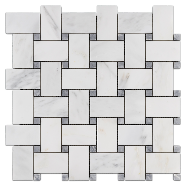 Pearl White Extra Large Basketweave with 5/8" Pacific Gray Dot Mosaic Honed - Elon Tile