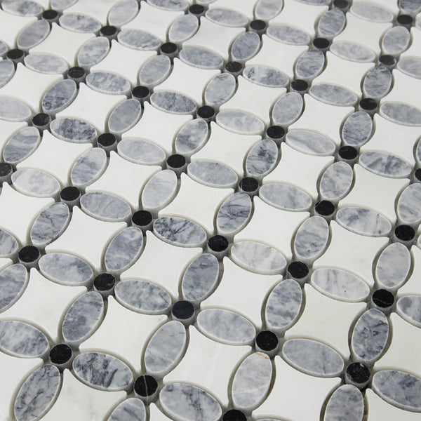 Pacific Gray with Pearl White and Black Dot Fleur Mosaic Polished (1.20 sf) - Elon Tile & Stone
