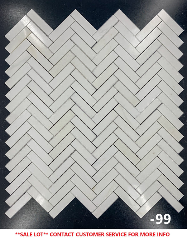 White Thassos 1" x 4" Herringbone Mosaic Polished