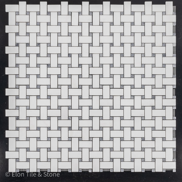 White Thassos Basketweave with 3/8" Pacific Gray Dot Mosaic Polished