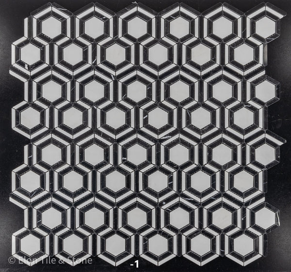 Caleidoscopio Thassos blanco con mosaico negro pulido
