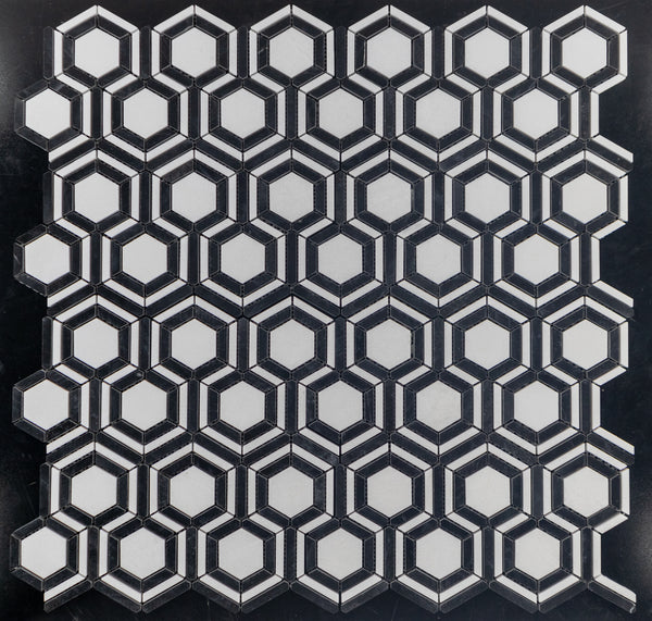 White Thassos Kaleidoscope with Black Mosaic Polished