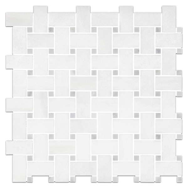 **LIMITED STOCK** White Thassos Basketweave with 3/8" Mystic Gray Dot Mosaic Polished
