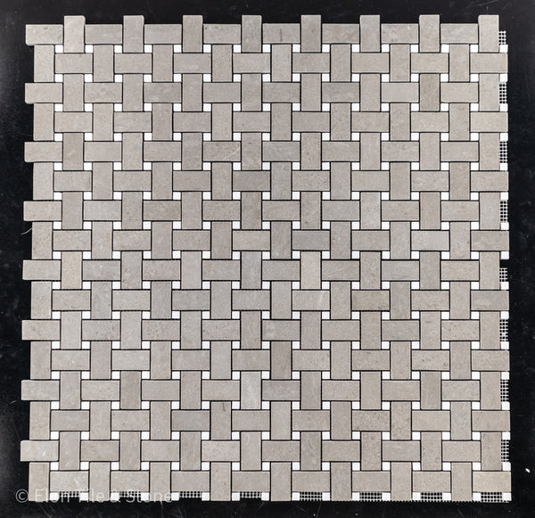 **LIMITED STOCK** Sand Dollar Basketweave with 3/8" White Absolute Dot Mosaic Honed