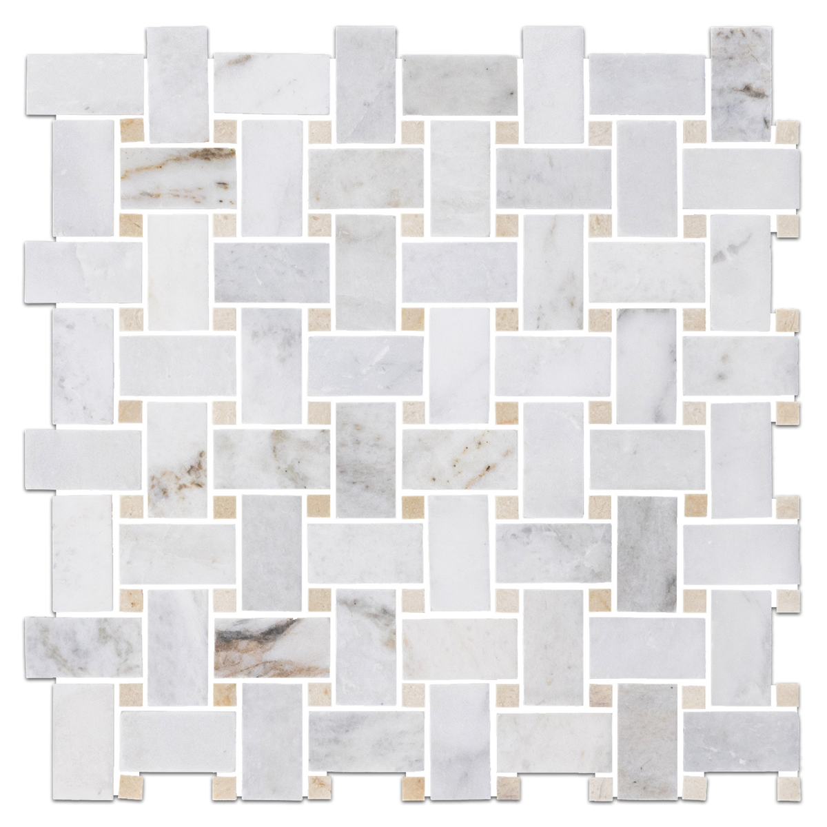 Bianco Oro Basketweave with Crema Marfil Dot Mosaic Honed – Elon Tile ...