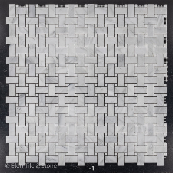 Mystic Gray Basketweave with 3/8" White Dot Mosaic Honed