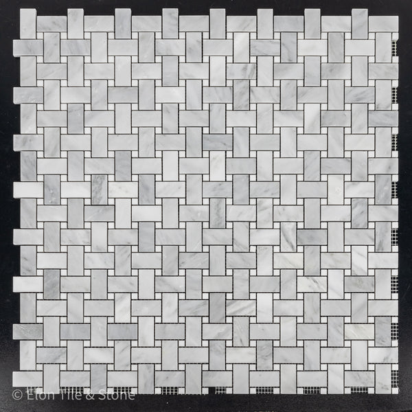 Mystic Gray Basketweave with 3/8" White Dot Mosaic Honed