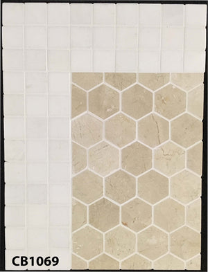 Concept Board Collection - CB1069 - Crema Marfil 2" Hexagon Mosaic Polished with White Thassos 2" x 2" Mosaic Polished Board - Elon Tile