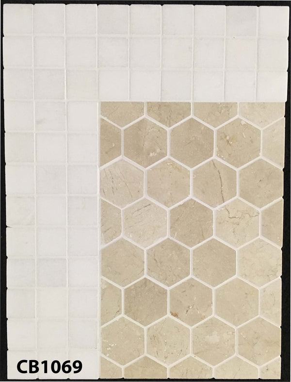 Concept Board Collection - CB1069 - Crema Marfil 2" Hexagon Mosaic Polished with White Thassos 2" x 2" Mosaic Polished Board - Elon Tile