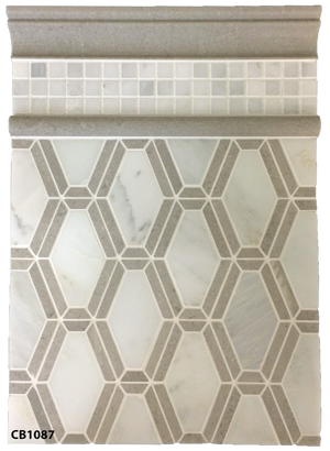 Concept Board Collection - CB1087 - Pearl White with Sand Dollar Diamondback Mosaic Honed with Pearl White 5/8" x 5/8" Mosaic Honed and Sand Dollar Moldings Honed Board - Elon Tile