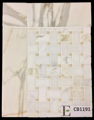 Concept Board Collection - CB1191 - Calacatta Basketweave with Crema Marfil Dot Honed and Calacatta 3" x 12" Border Honed - Elon Tile