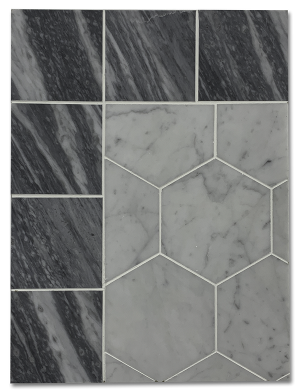 Concept Board Collection - CB1215 - Carrara 5" Hexagon with Bardiglio Nuvolato 4" Border - Elon Tile