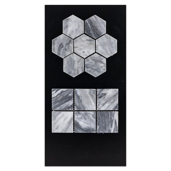 CC13 - Bardiglio Nuvolato 2" Hexagon Mosaic Honed and 2" x 2" Mosaic Honed Card - Elon Tile