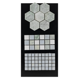 CC14 - Ming Green 2" Hexagon Mosaic Polished and Blue Celeste 5/8" Square Mosaic Polished and Ming Green/White Thassos/Blue Celeste 1" Square Mosaic Polished Card - Elon Tile