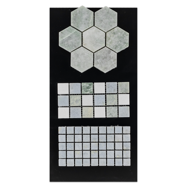 CC14 - Ming Green 2" Hexagon Mosaic Polished and Blue Celeste 5/8" Square Mosaic Polished and Ming Green/White Thassos/Blue Celeste 1" Square Mosaic Polished Card - Elon Tile