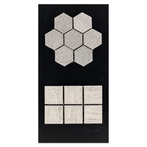CC15 - Sand Dollar 2" Hexagon Mosaic Polished and Beachwood 2" Square Mosaic Honed Card - Elon Tile