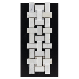 CC22 - Pearl White with 3/8" Pacific Gray Dot Mosaic Basketweave Mosaic Honed and Basketweave with Black Dot Mosaic Polished and Basketweave with Temple Grey Dot Mosaic Honed Card - Elon Tile