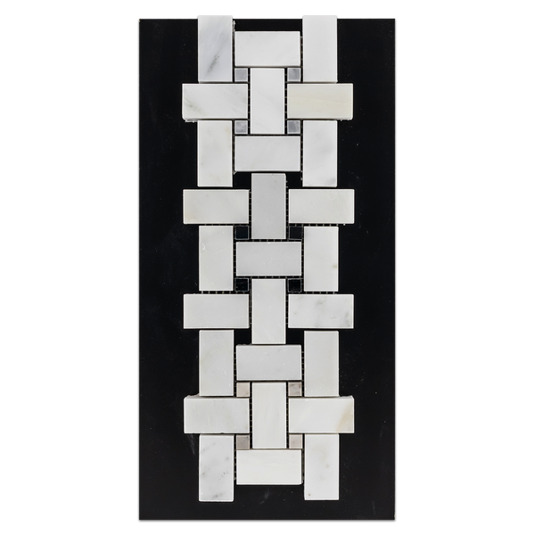 CC22 - Pearl White with 3/8" Pacific Gray Dot Mosaic Basketweave Mosaic Honed and Basketweave with Black Dot Mosaic Polished and Basketweave with Temple Grey Dot Mosaic Honed Card - Elon Tile