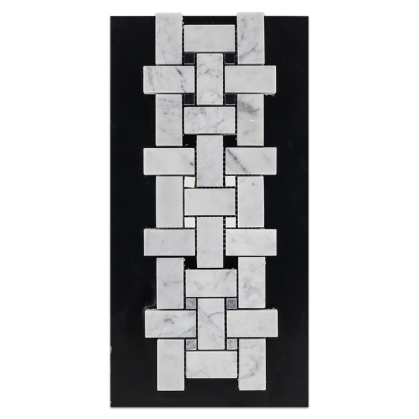 CC23 - Bianco Carrara Basketweave with 3/8" Black Dot Mosaic Honed and Basketweave with 3/8" White Thassos Dot Mosaic Honed and Basketweave with 3/8" Pacific Gray Dot Mosaic Honed Card - Elon Tile