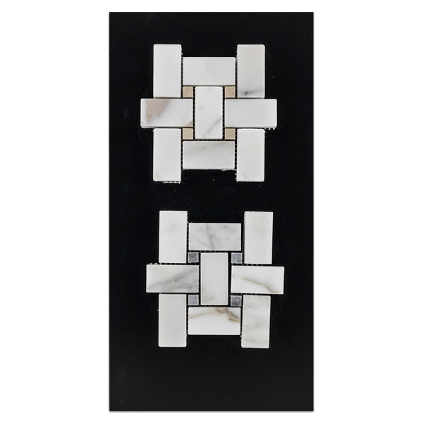 CC25 - Calacatta Basketweave with 3/8" Crema Marfil Dot Mosaic Honed and Calacatta Basketweave with 3/8" Pacific Gray Dot Mosaic Honed Card - Elon Tile