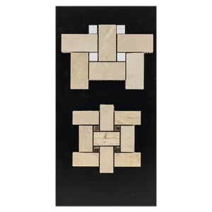 CC28 - Crema Marfil Basketweave with Dark Emperador Dot Mosaic Polished and Basketweave with White Thassos Dot Mosaic Polished Card - Elon Tile