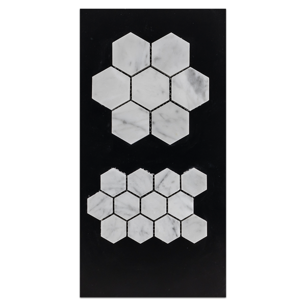 CC3 - Bianco Carrara 2" Hexagon Mosaic Polished and 1 1/4" Hexagon Mosaic Polished Card - Elon Tile