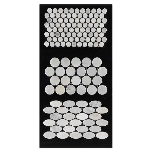 CC34 - Pearl White 1/2" Rounds Mosaic Polished and 1" Rounds Mosaic Polished and Oval Mosaic Polished Card - Elon Tile