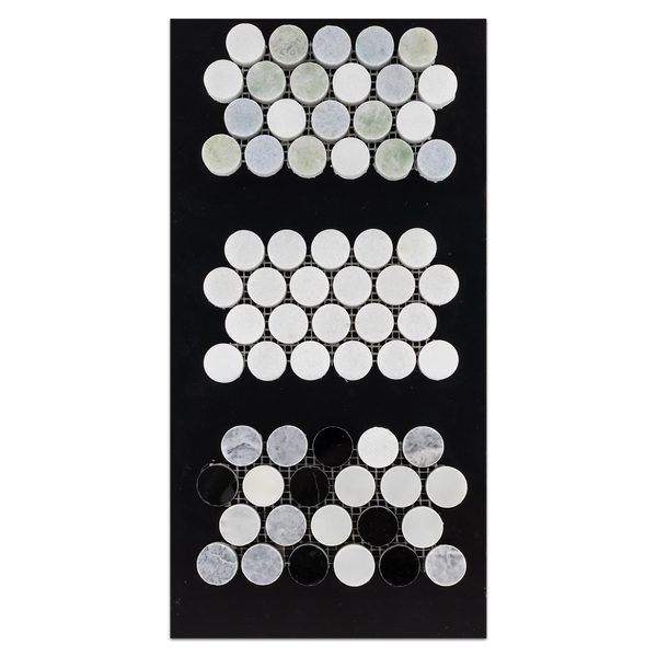 CC35 - Ming Green/White Thassos/Blue Celeste 1" Rounds Mosaic Polished and White Thassos 1" Rounds Mosaic Polished and Pearl/Pacific Gray/Black 1" Rounds Mosaic Polished Card - Elon Tile