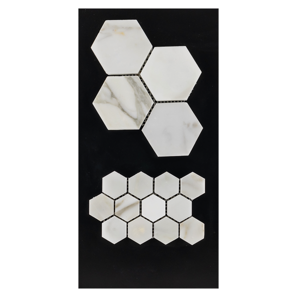CC5 - Calacatta 1 1/4" Hexagon Mosaic Polished and 3" Hexagon Mosaic Polished Card - Elon Tile