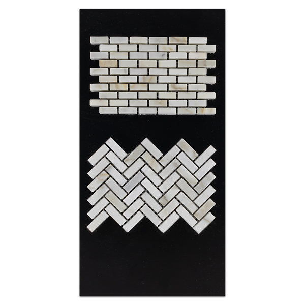 CC54 - Calacatta Micro Herringbone Mosaic Honed and Micro Brick Honed Card - Elon Tile