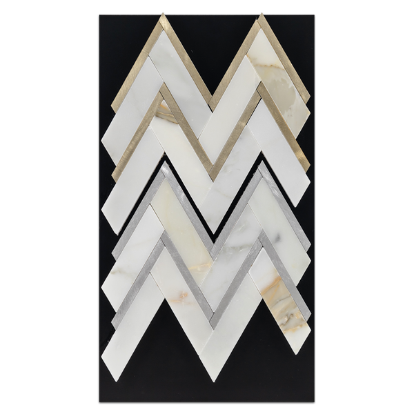 CC63 - Calacatta Herringbone with Gold Aluminum Mosaic Polished and Calacatta Herringbone with Silver Aluminum Mosaic Polished Card - Elon Tile