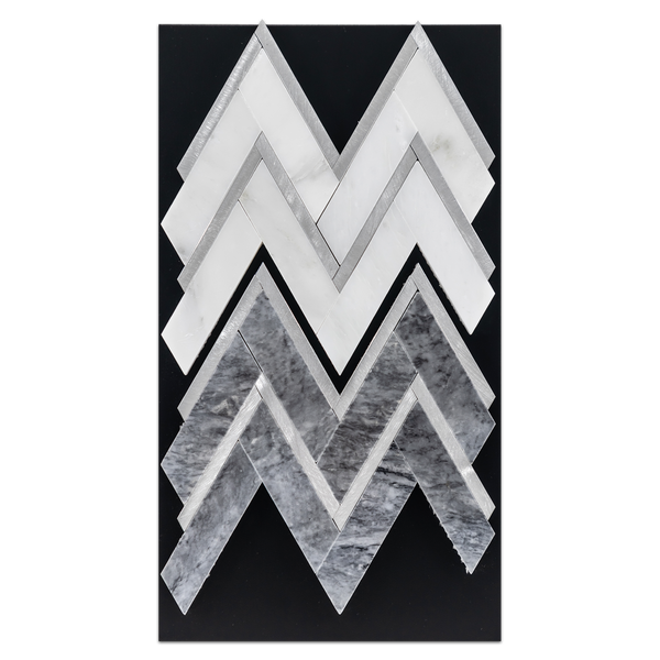 CC64 - Pearl White Herringbone with Silver Aluminum Mosaic Polished and Pacific Gray Herringbone with Silver Aluminum Mosaic Polished Card - Elon Tile