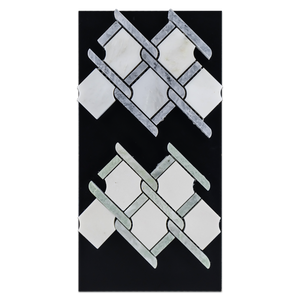 CC78 - Pearl White Argyle with Pacific Gray Bar Mosaic Polished and White Absolute Argyle with Ming Green Bar Mosaic Polished Card - Elon Tile