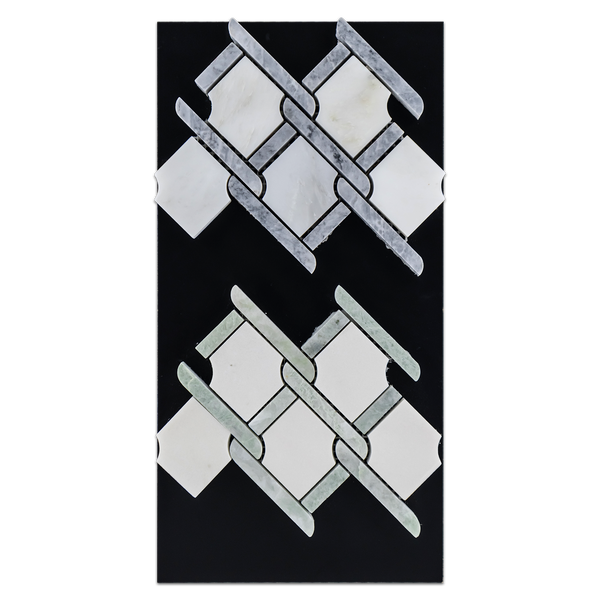 CC78 - Pearl White Argyle with Pacific Gray Bar Mosaic Polished and White Absolute Argyle with Ming Green Bar Mosaic Polished Card - Elon Tile
