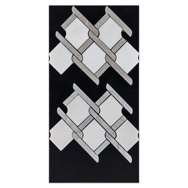 CC79 - Pearl White Argyle with Sand Dollar Bar Mosaic Polished and White Absolute Argyle with Carrara Bar Mosaic Polished Card - Elon Tile