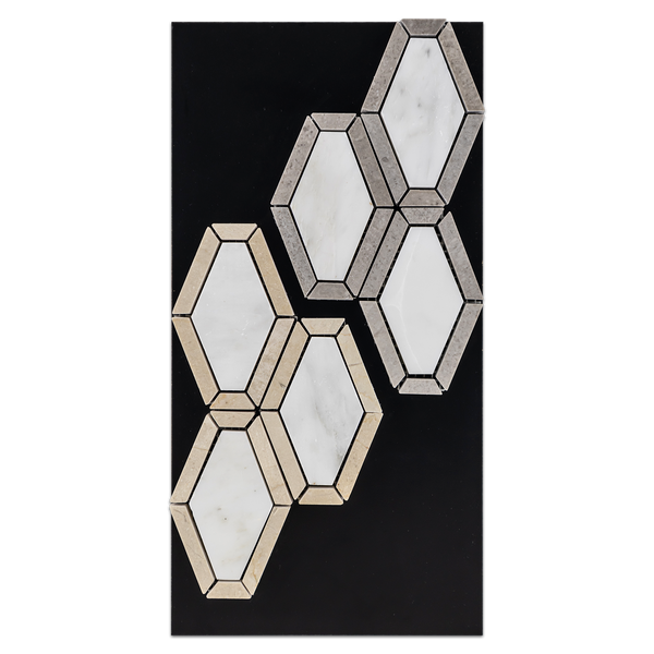 CC80 - Pearl White Diamondback with Sand Dollar Mosaic Honed and Pearl White Diamondback with Crema Marfil Mosaic Honed Card - Elon Tile