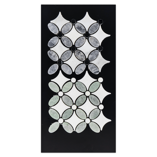 CC82 - Ming Green Fleur Mosaic with White Thassos Dot Mosaic Polished and Pacific Gray with White and Black Fleur Mosaic Polished Card - Elon Tile