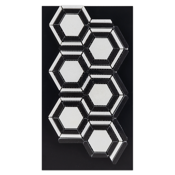 CC84 - White Thassos Kaleidoscope with Black Mosaic Card - Elon Tile