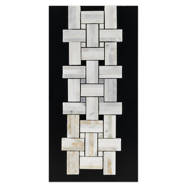 CC89 - Pearl White Tri-Weave with Pearl White Dot Mosaic Honed and Pearl White Tri-Weave with Pacific Gray Dot Mosaic Honed and Calacatta Tri-Weave with Calacatta Dot Mosaic Polished Card - Elon Tile