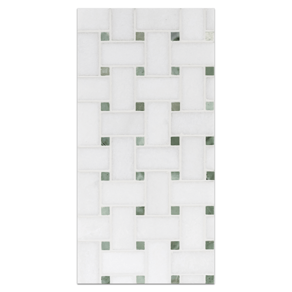 Mini Board Collection - MB141 - White Thassos Basketweave with 3/8" Ming Green Dot Mosaic Polished - Elon Tile