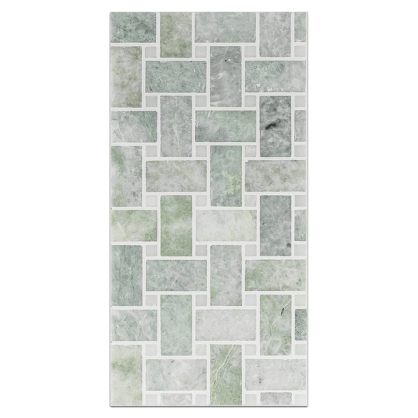 Mini Board Collection - MB143 - Ming Green Basketweave with 3/8" White Absolute Dot Honed - Elon Tile