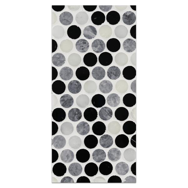 Mini Board Collection - MB193 - Pearl White with Pacific Gray and Black Tri-Blend 1" Rounds Mosaic Polished Board - Elon Tile