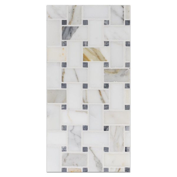 Mini Board Collection - MB219 - Calacatta Basketweave with 3/8" Pacific Gray Dot Mosaic Honed Board - Elon Tile